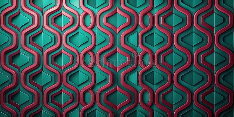 Abstract teal and crimson interlocking wave pattern design. Generative AI vector illustration