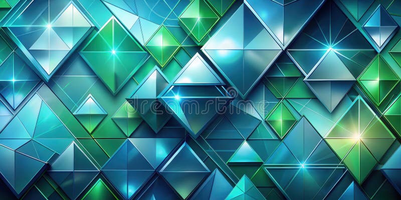 Abstract teal and emerald geometric shapes interlocking in a complex pattern of shiny, faceted polygons. Generative AI royalty free illustration