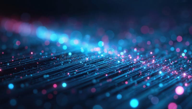 Abstract tech art of data transmission by fiber optic cable. Glowing blue, red light dots with lines, network connection,