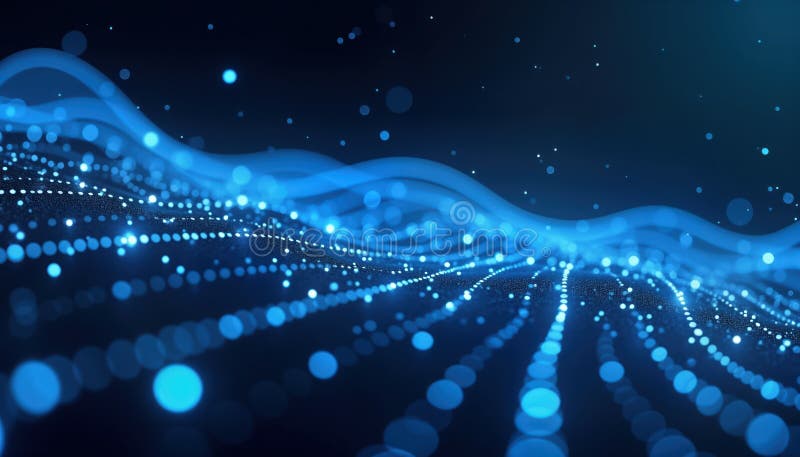 Abstract tech background with shiny blue light patterns. Dynamic blue waves of light, dots. Futuristic digital illustration. stock illustration