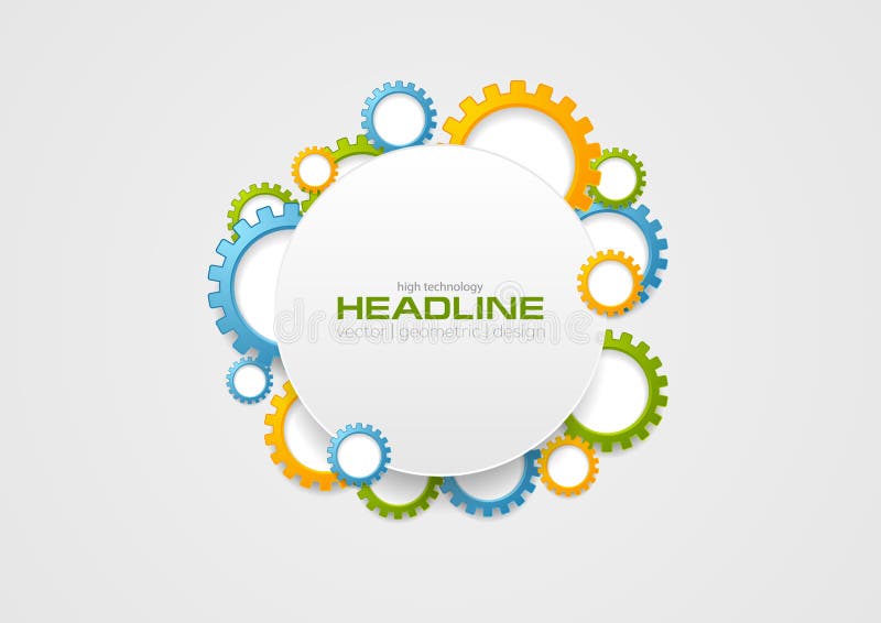 Abstract tech colorful gears and blank circle background stock illustration