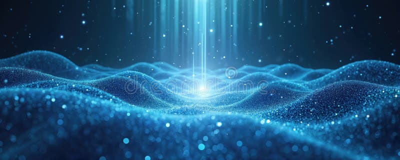 Abstract tech illustration. Blue neon beams illuminate glittering surface. Light rays symbolize digital transformation. Data stock images