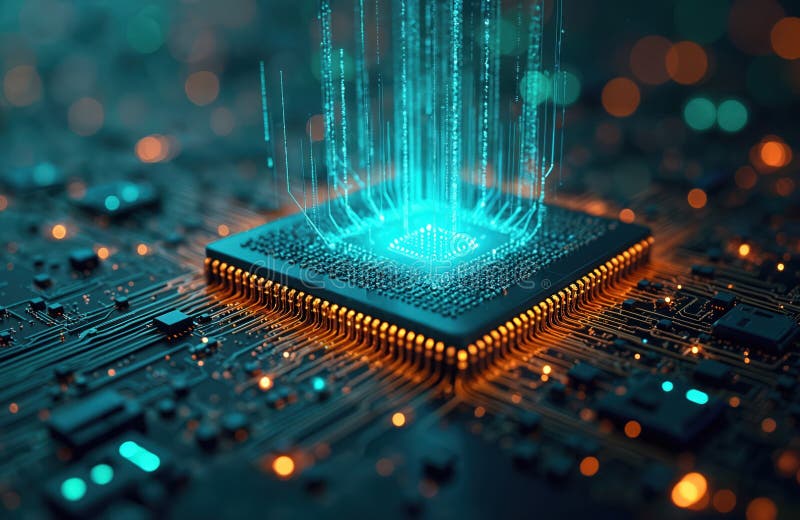 Abstract tech photo of quantum processor. Data streams pulses of blue-green light show deep intelligence, computing power royalty free illustration