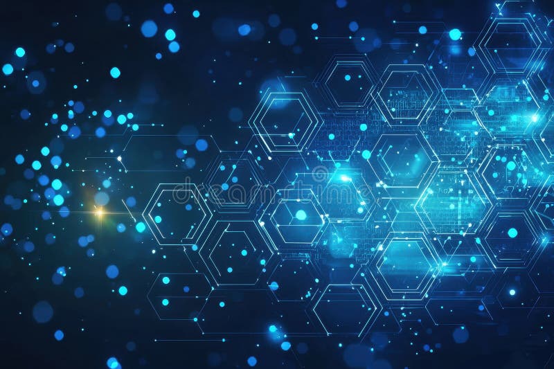 Abstract Technological Background with Blue and Cyan Lights, Hexagons, and Digital Elements Representing Innovation stock photo
