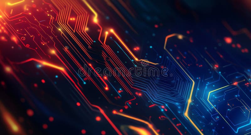 An abstract technological background is made up of different elements of a printed circuit board with depth of field stock illustration