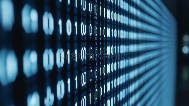Abstract Technology Background, Blue Binary Code Stream, Data Transfer, Digital Display. vector illustration