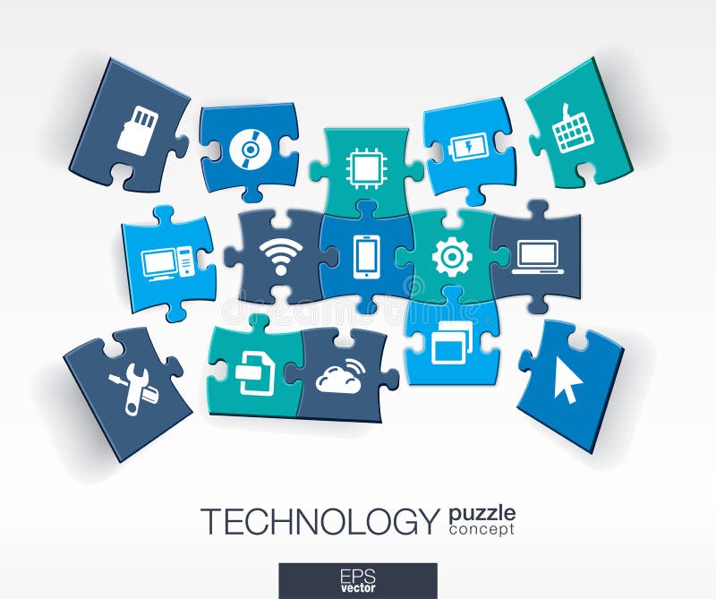Abstract technology background, connected color puzzles, integrated flat icons. 3d infographic concept with technology, cloud royalty free illustration Abstract technology background, connected color puzzles, integrated flat icons. 3d infographic concept with technology, cloud royalty free illustration