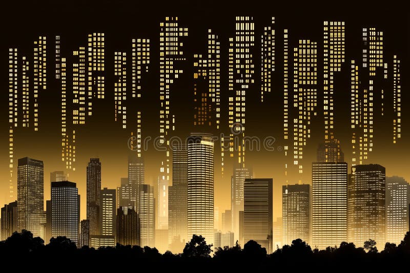 Abstract Technology Background with Data Dots and Pixel Patterns in Urban Skyline at Night stock illustration