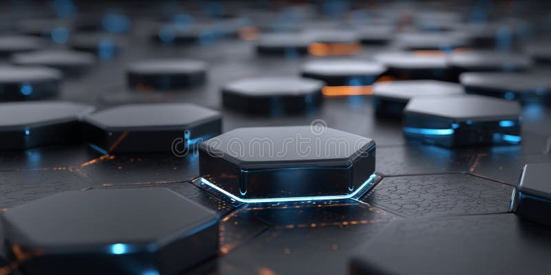 Abstract Technology Background, Futuristic Hexagonal Pattern with Blue Energy Flashes stock illustration