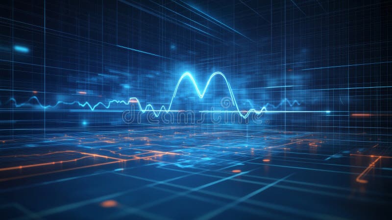 Abstract Technology Background Glowing Blue Data Grid with Heartbeat Line, 3D Render royalty free illustration