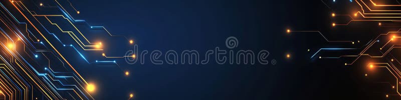 Abstract Technology Background, Glowing Blue And Orange Circuit Board Pattern On Dark Blue royalty free illustration