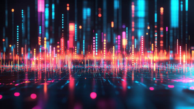 Abstract Technology Background, Glowing Blue And Purple Lights, Big Data Visualization stock illustration