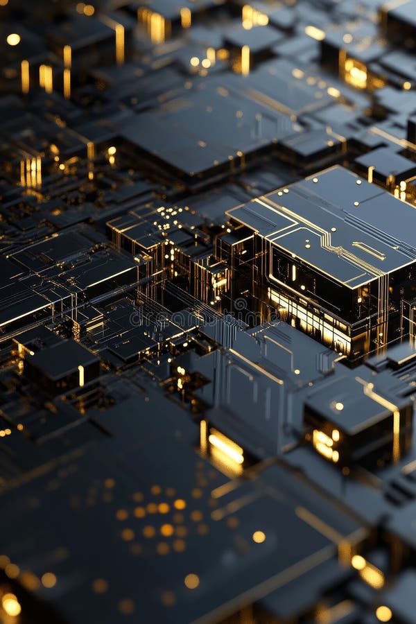 Abstract Technology Background with Gold and Black Circuit Patterns stock illustration