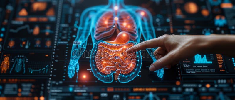 Abstract technology background with a person& x27;s hand touching a circular diagram on a virtual screen with copy space stock illustration