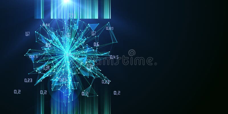 Abstract technology explosion connecting lines and dots with blurred lines. Quantum computer analytical concept and lens effects. royalty free stock photos