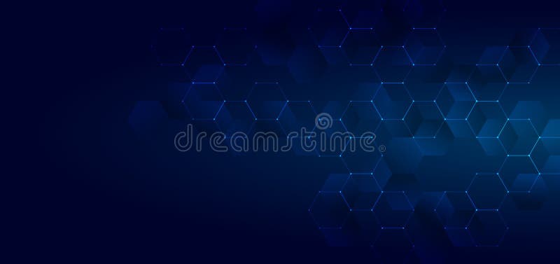 Abstract technology or medical concept blue glowing hexagons shape pattern on dark background stock illustration
