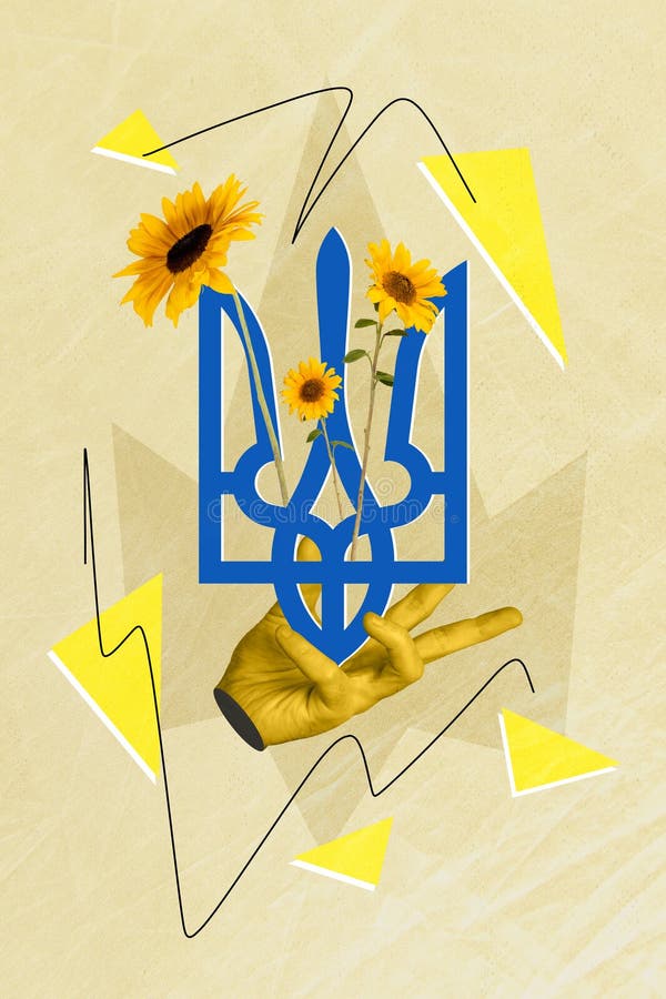 Abstract template graphics collage image of arm hand holding ukrainian trident isolated beige color background.