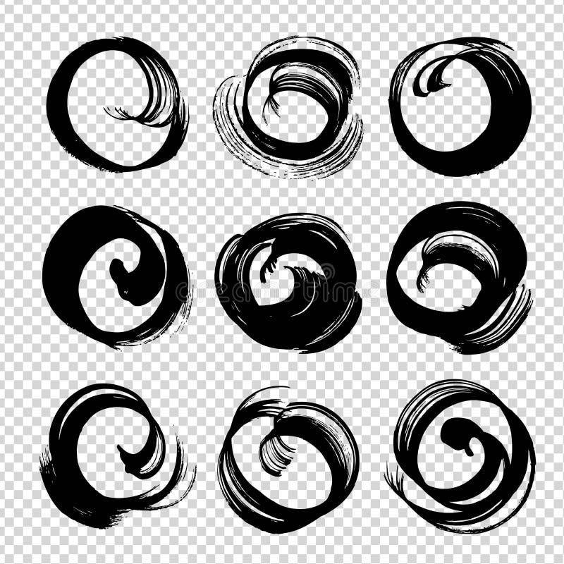 Abstract textured black circle frames from brushstrokes set vector illustration