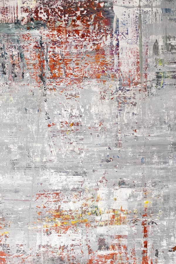 Abstract textured painting with bold red, orange, and white tones over a gray background, expressive brushstrokes create depth and stock photo