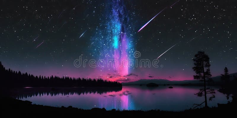 Abstract Time Lapse Night Sky with Shooting Stars Over Forest Landscape ...