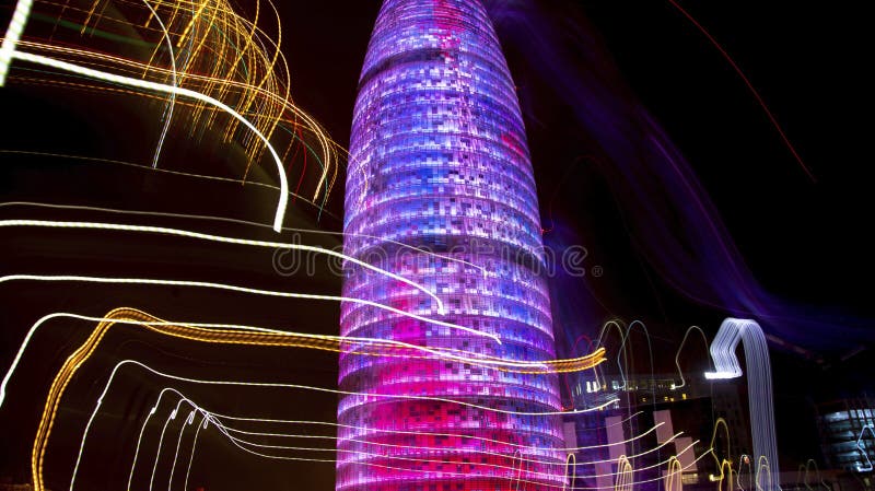 Abstract light display on the torre agbar in barcelona, spain. Abstract light display on the torre agbar in barcelona, spain