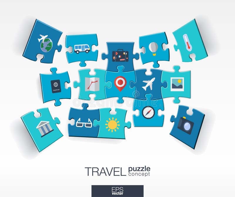 Abstract travel background with connected color puzzles, integrated flat icons. 3d infographic concept with Airplan, luggage