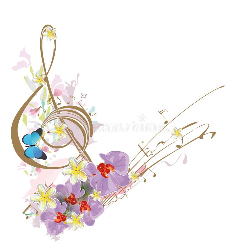 Abstract treble clef with tropical leaves and flowers.