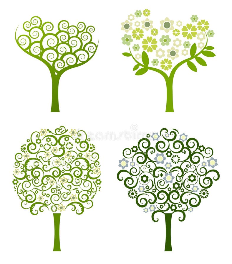 Abstract tree with flowers, vector set