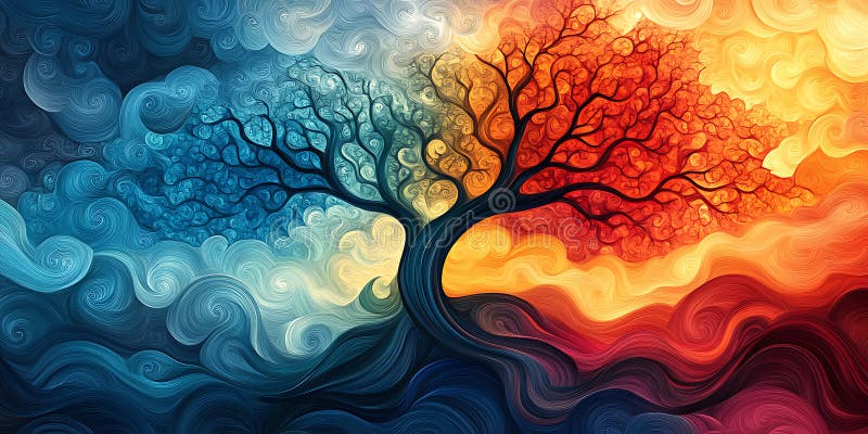 Abstract tree of life painting in harmonious blues and fiery reds symbolic representation of duality and balance featuring royalty free illustration