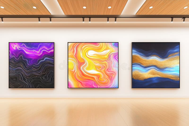 Abstract triptych layout art gallery 3d showcase design stock illustration