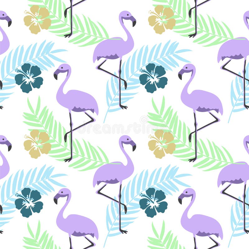 ABSTRACT TROPICAL TEXTURE. PALM LEAF AND FLAMINGO. HAND DRAW COMPOSITION OF SUMMER FEELING SEAMLESS VECTOR PATTERN.