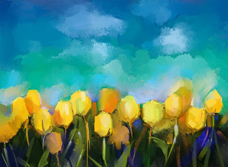 Abstract tulips flowers oil painting.