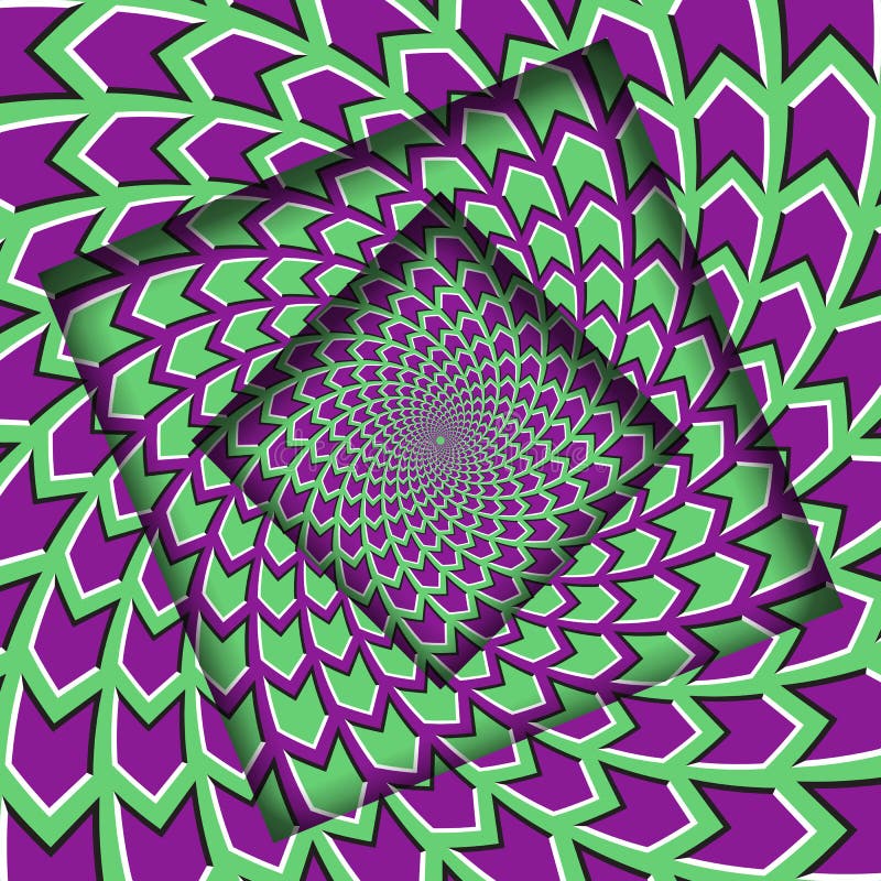 Abstract turned frames with a rotating green purple arrows pattern. Optical illusion background stock illustration Abstract turned frames with a rotating green purple arrows pattern. Optical illusion background stock illustration