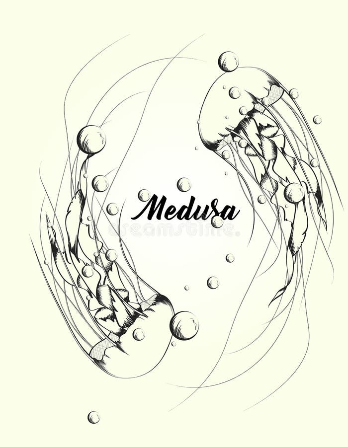 Ocean jellyfishes medusa with wave tentacles, water bubbles. royalty free illustration Ocean jellyfishes medusa with wave tentacles, water bubbles. royalty free illustration