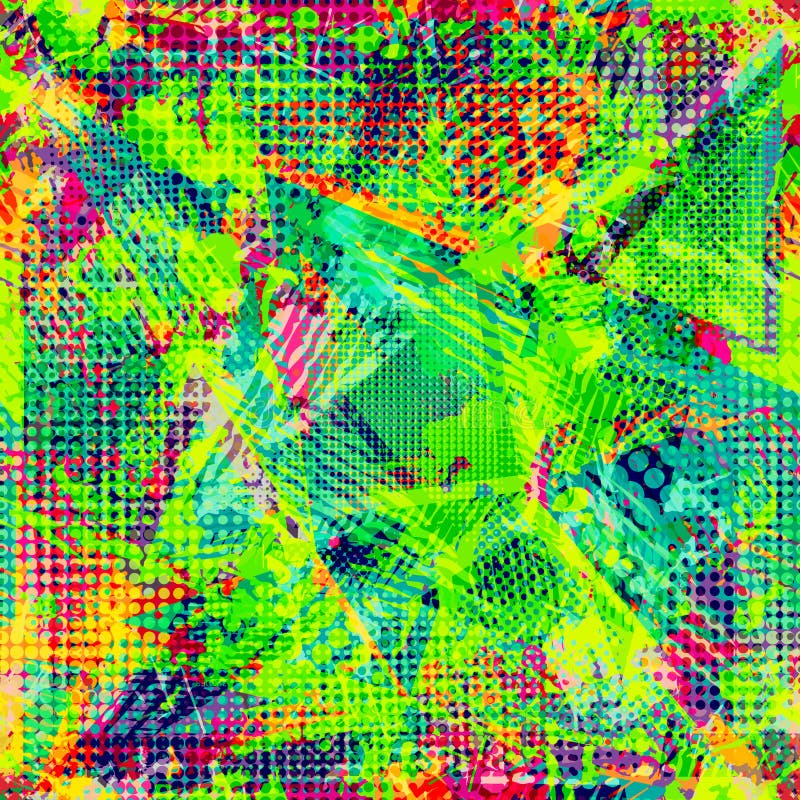 Abstract urban seamless pattern. Grunge texture background. Scuffed drop sprays, triangles, dots, neon spray paint stock illustration