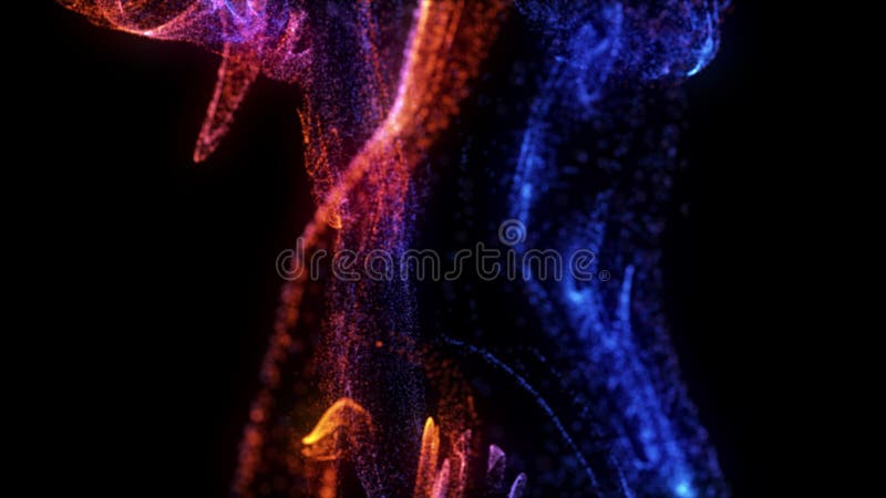 Abstract van een lus te voorzien blauw violet oranje bewegingsgolvende punts textuur met het gloeien van ontocte deeltjes op zwart