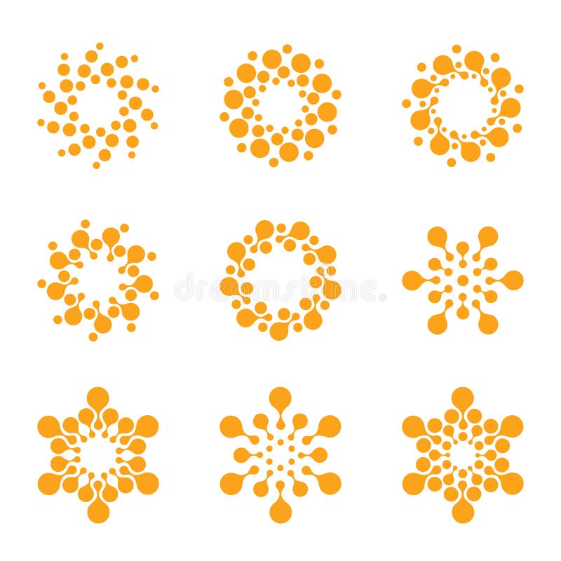 Abstract vector circle logotype. Orange unusual chemistry logos set. Virus icon. Orange sunny sun. Flower.