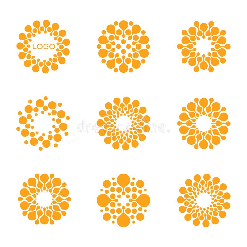 Abstract vector circle logotype. Orange unusual chemistry logos set. Virus icon. Orange sunny sun. Flower.