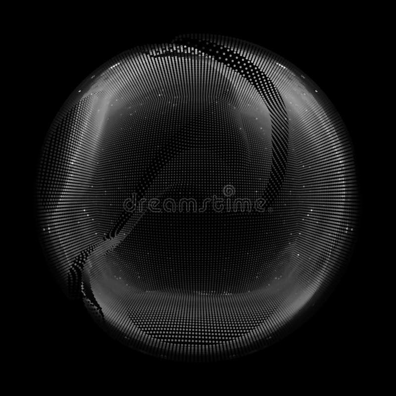 Abstract vector grayscale mesh sphere on dark background. Futuristic style card. stock illustration