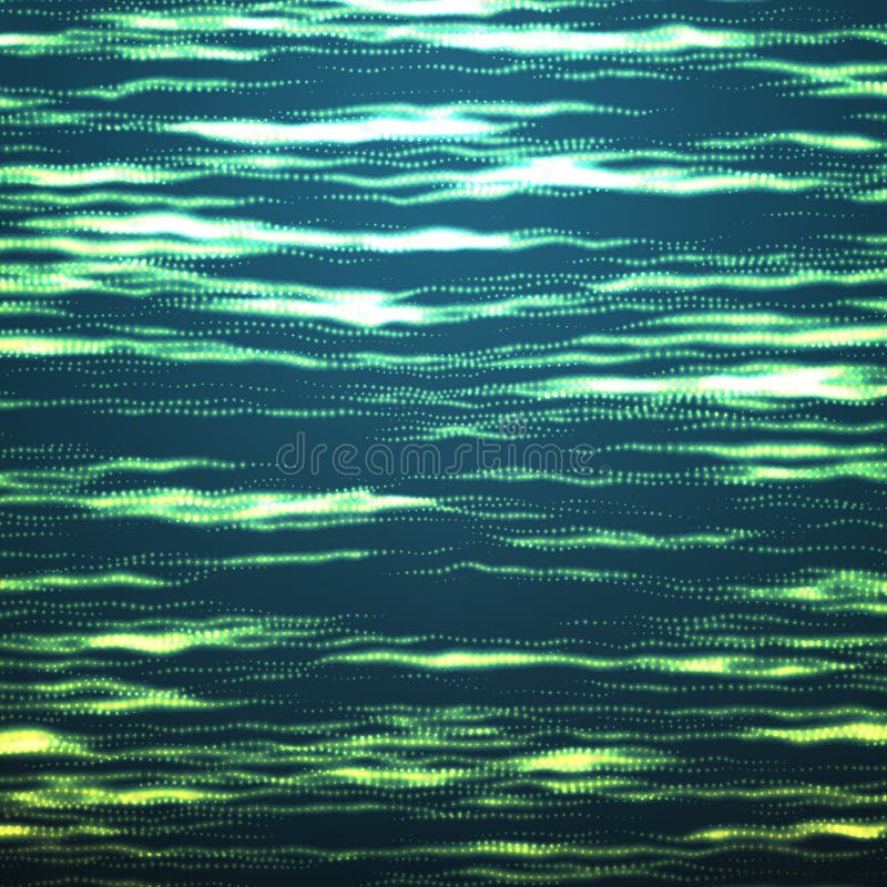 Abstract vector green space background. Cyber ripples. Threads of glowing particles and light rays.