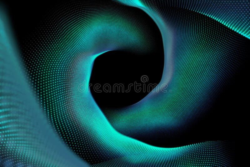 Abstract vector illustration of blue wave shaped array of green glowing dots against black backgroun stock illustration