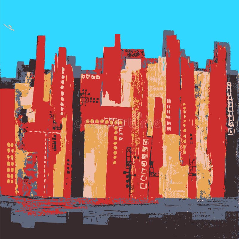 Abstract Vector Illustration City Urban Building Skyline Pattern Red and Blue Handdrawn