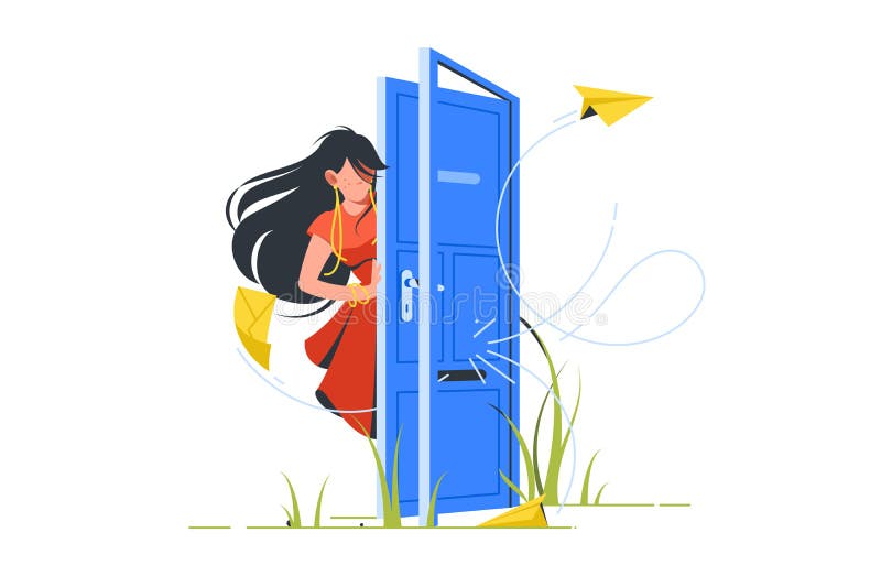 Abstract vector illustration of woman opening door for unsubscribe.