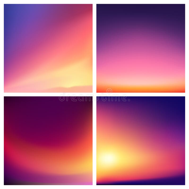 Abstract vector multicolored blurred background set 4 colors set. Square blurred backgrounds set - sky clouds sea ocean
