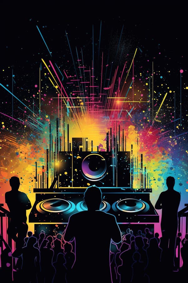 Abstract Vector Poster with Colorful Dj Console, Big Speakers ...