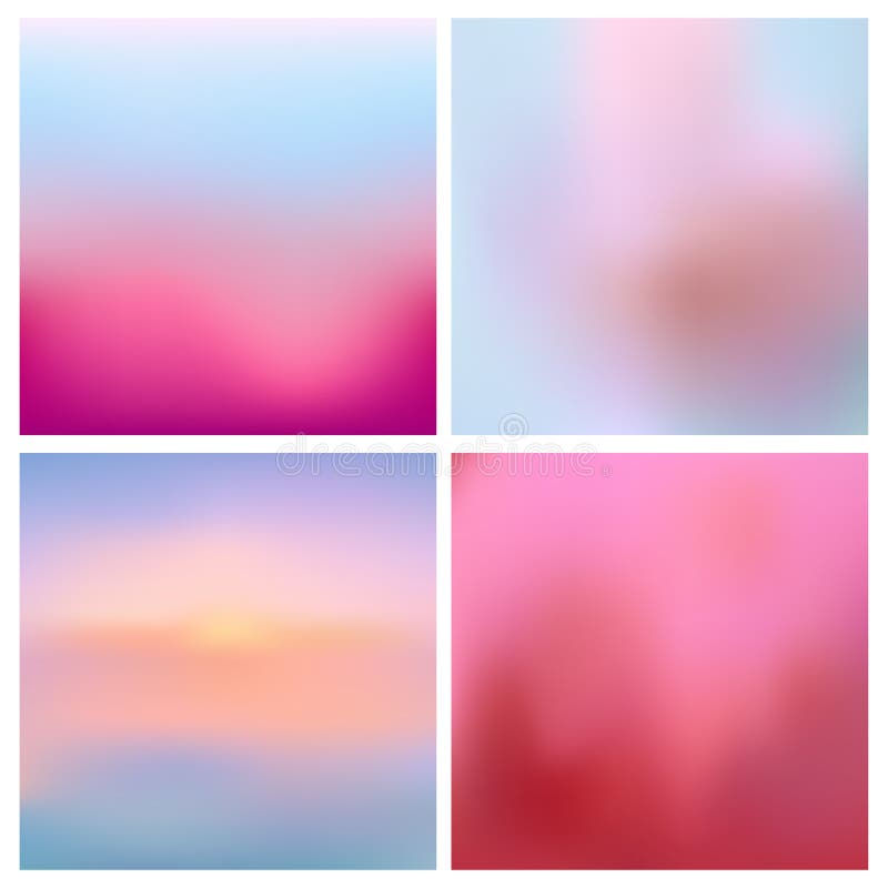 Abstract vector red pink blurred background set 4 colors set. Square blurred backgrounds set - sky clouds sea ocean