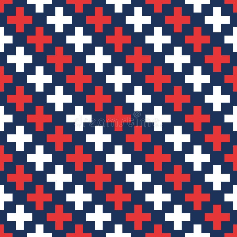 Abstract vector seamless medical pattern with red and white crosses on blue background stock illustration