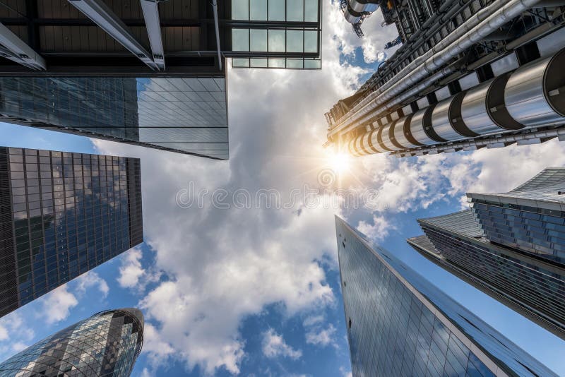 The modern skyscrapers and a blue summer sky