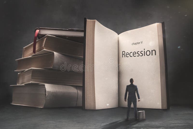 Abstract vision of a businessman standing in front of a huge book with recession inscription vector illustration Abstract vision of a businessman standing in front of a huge book with recession inscription vector illustration