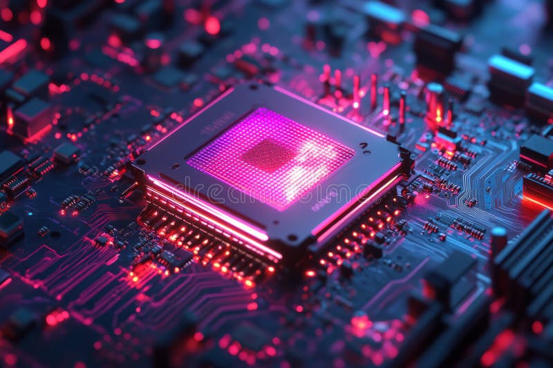 Abstract visualization of an AI supercomputer, featuring a glowing data core, pulsing quantum stock photos